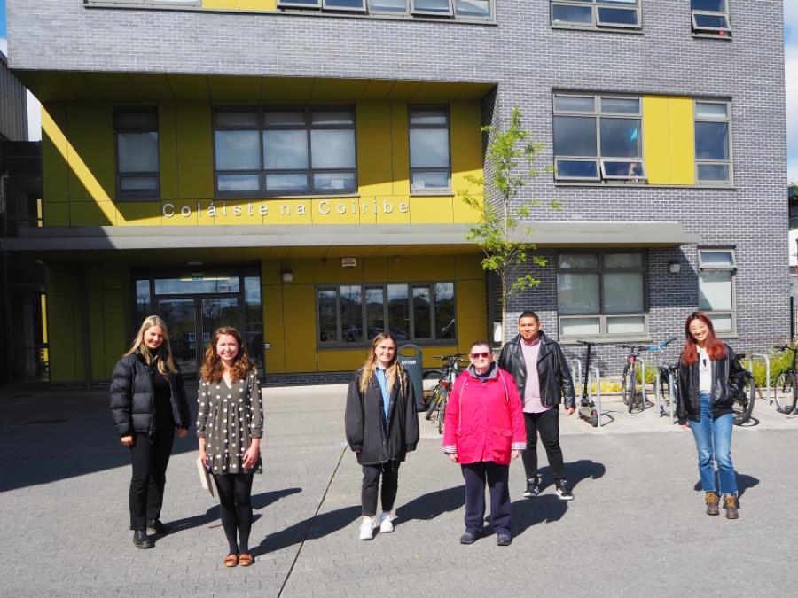 NUI Galway students Helen McDonagh, Jessica Howard, Emily O'Reilly, Mary Harney, Tomás Carlos Biggins and Sijia Shen at Coláiste na Coiribe in May 2021 (Photo credit: Sijia Shen) 