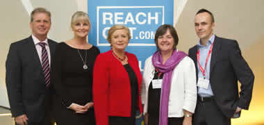 Pictured is Gerry Raleigh, Elaine Geraghty, Minister Frances Fitzgerald, Professor Margaret Barry and Derek Chambers at the ReachOut.com Technology for Well-Being International Conference.
