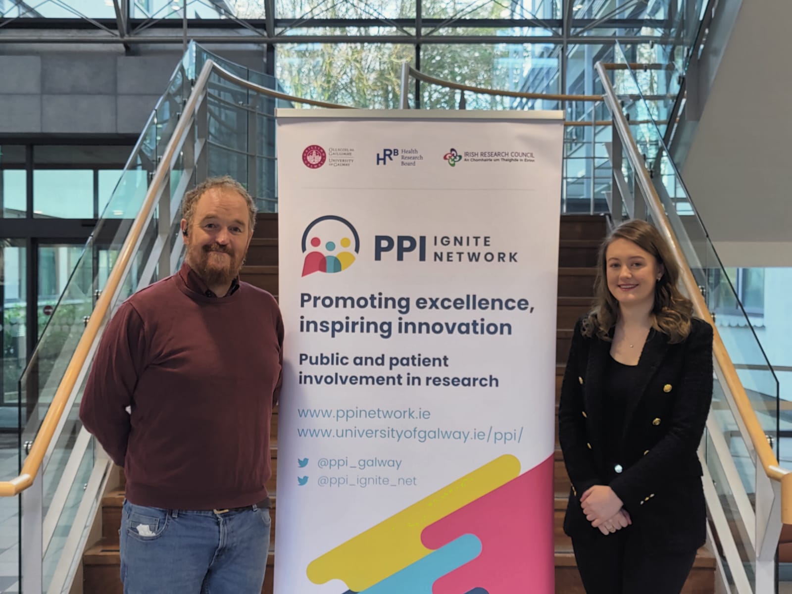 Brendan Dolan Postdoctoral researcher in the PPI Ignite Network @ University of Galway standing with awardee Saoirse Lally