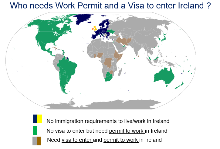 Map showing which countries need a visa and work permit to enter ireland or just a work permit only. Map provided by Magda from Euraxess.