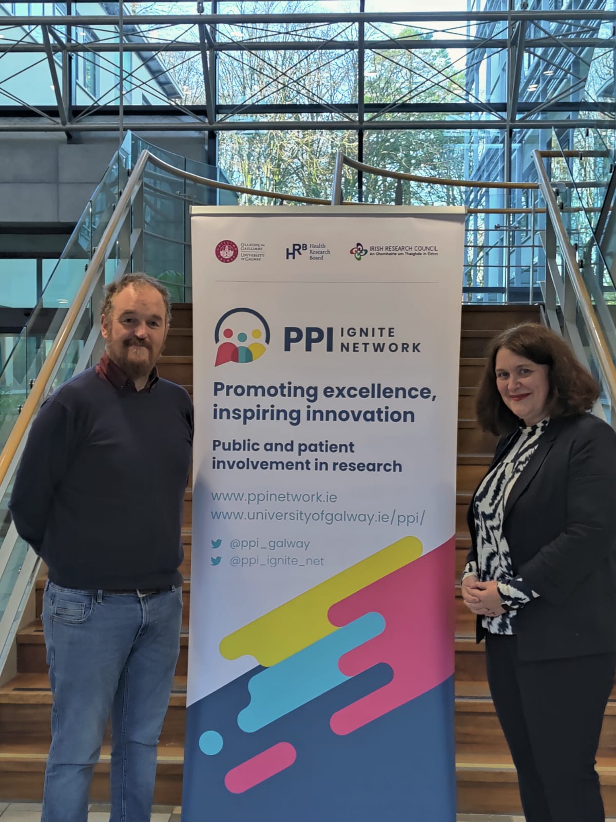 Brendan Dolan Postdoctoral researcher in the PPI Ignite Network @ University of Galway standing with awardee Yvonne Fitzmaurice