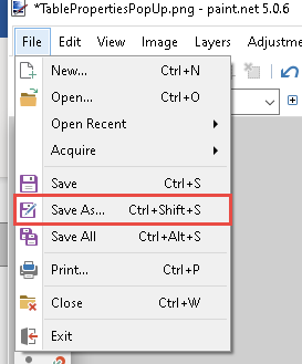 Paint.net File tab with Save As highlighted