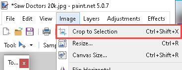 Paint.net Image Tab Crop to Selection option highlighted