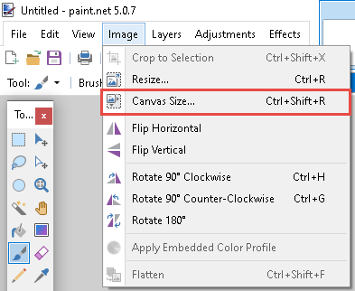 Paint.net Image tab dropdown menu with Canvas Size highlighted