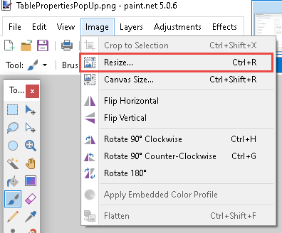 Paint.net ribbon, Image tab dropdown menu with Resize highlighted