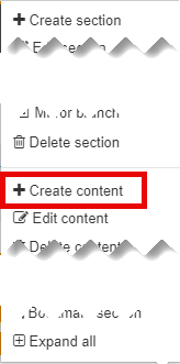 Partial image of Actions Menu with Create content highlighted