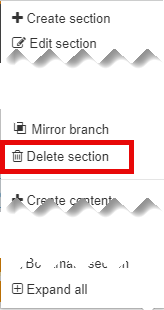 Actions Menu with the Delete section option highlighted