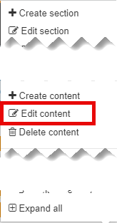 Actions Menu with Edit content highlighted