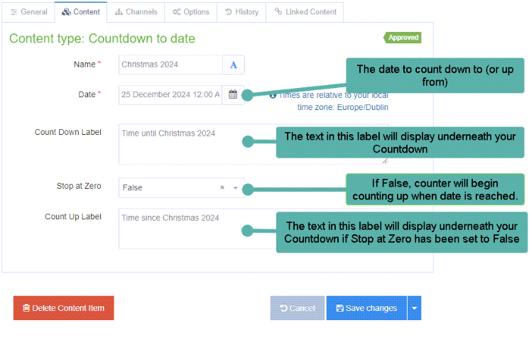 Content Type Countdown Content tab with fields highlighted