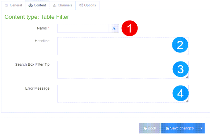 Table Filter - Content tab fields highlighted