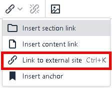 Add a link menu with Link to external site option highlighted