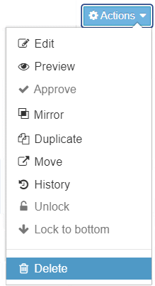 Delete option selected after clicking on the actions menu for a piece of content