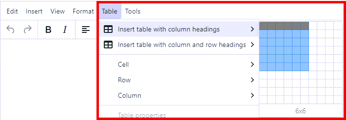 Table tab - Insert table options