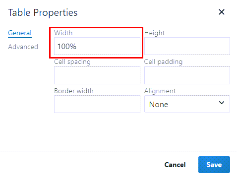 Table tab - Table Properties with Width field and Save button highlighted